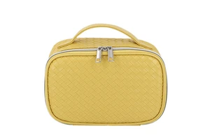BSCI Manufacturer Custom Woven PU Leather Makeup Toiletry Organizer Storage Case Bag with Portable Handle