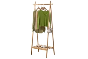 Space Save A-Frame Design Garment Storage Stand Bamboo Clothing Coat Clothes Rack With Hooks, Coat Hanger Stand With Shoe Rack