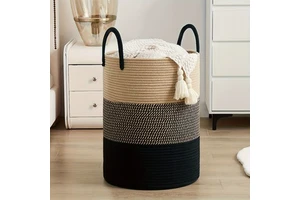 Modern Home Use Cotton Woven Storage Basket with Handle Color-Blocked Tall Storage Frame Cross-Border Popular Laundry Basket