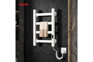 KIDOIR Wall Mounted Electric Heated Towel Rack Aluminum 4-Bar Ladder Design Carbon Fiber Smart Drying Digital Timer IPX4