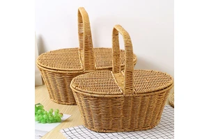 Large Capacity Hand Woven Plastic Picnic Basket With Lid Outdoor
