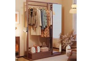 Modern Designed Solid Wood Coat Rack with Rotating Drying Mirror Integrated Storage for Bedroom Simple Household Hanger