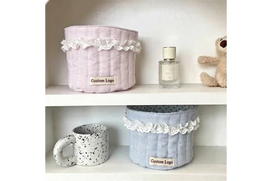 Custom Logo Quilted Cotton Storage Basket Round Cosmetic Organizer With Lace Ruffle Embroidery And Desktop Storage Wholesale