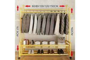 Snow Beauty Modern Iron Coat Rack 4 Hooks 2 Shelves-Space-Saving Foldable Heavy-Duty Hotel Mall Bedroom Storage for Clothes