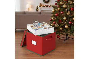 Non-Woven Fabric Heavy-Duty Square Christmas Ornament Storage Box Adjustable Dividers Stores 64 Ornaments Reinforced Base BSCI