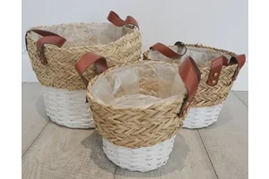 Set of 3 Bohemian Style Rattan Woven Eco-Friendly Storage Baskets Round with Leather Strap Hamper Organizers