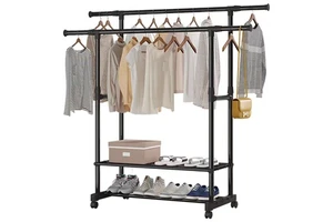 Double Rod Adjustable Metal Clothes Hanger Stand Storage Shelf With 2-layer Shoe Rack And Four Universal Wheels