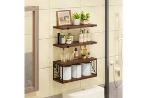 3pcs Rustic Wall Mounted Floating Storage Rack with Guardrail for Bedroom, Living Room, Bathroom And Kitchen Wood Wall Shelf