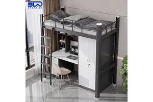 Metal Loft Bed With Desk Multifunctional Space Saving Steel Bunk Bed Student Dormitory Bed With Safety Guardrail For School