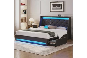 Upholstered Storage Bed With Charging Station And LED Lights Bed
