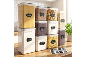 Clear 10 Piece Set Food Storage Containers Modular Stackable Bins Space Saving Kitchen Canister Set For Bulk Grain Pantry