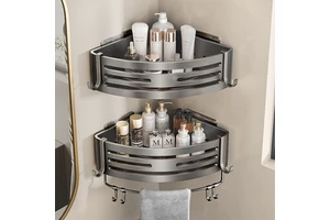 Gunmetal Gray Bathroom Corner Shelf, No-Drill Wall-Mounted Storage Rack For Toilet And Washbasin
