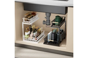 Multifunctional Double-Layer Pull-Out Kitchen Cabinet Organizer, Under Sink Seasoning Storage Rack for Home