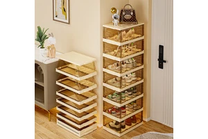 No Assembly Shoe Organizer Rack All-in-one Foldable Stackable Clear Plastic Shoe Storage Box Boots Sneaker Container Bins Holder