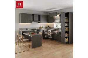 HAPPY HOUSES L Layout Modern Grey Wooden Kitchen Cabinet Set With Retractable Table Magic Corner Pull-out Pantry For Small Space