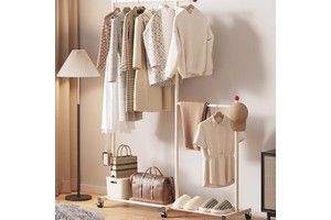 Floor-standing Bedroom Multifunctional Movable Coat Rack with High and Low Rods Home Clothing and Bag Storage Shelf