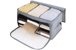 Extra Large Foldable Storage Bag, Breathable Bamboo Fabric Dustproof Blanket Closet Sweater T-Shirt Organizer Box Charcoal
