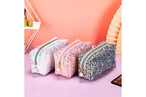 Custom Logo Glitter Sequin Large Capacity Durable Cosmetic Bag Women Shiny Iridescent Makeup Pouch Travel for Case