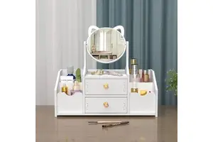 Nordic Luxury White Round Mirror Storage Box Multifunctional Wood Makeup Organizer Cat Ears for Living Room Cosmetic Storage