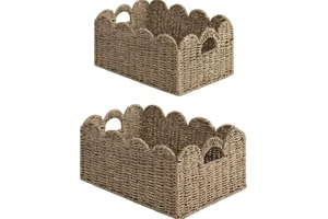 Scalloped woven basket for organization, storage cabinets and baskets made from natural, creating a warm and safe space.