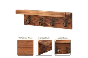Wooden Wall Mounted Coat Rack with Shelf, 4 Hooks Vintage Solid Wood Key Holder, Entryway Wall Hanging Organizer Home Decor
