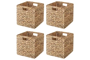 Hand-knitted Natural Water Hyacinth Straw Wicker Woven Storage Organized Square Handle Baskets Rattan Handmade Storage Bin