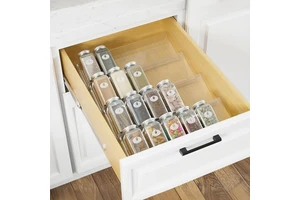 4 Tier Clear Acrylic Spice Drawer Organizer Slanted Step Storage Shelf for Kitchen Cabinet Seasoning Jar Holder Bulk Wholesale