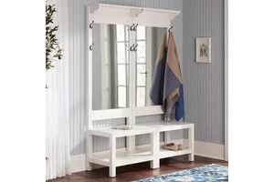 Minimalist Wooden White Coat Rack with 8 Hooks Large Mirror Shoe Stand Wooden Coat Hanger Rack Hall Sets Storage Bench