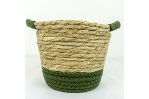 Green Cotton Thread & Grass Rope Hand Woven Eco-Friendly Storage Basket with Handle for Flower Pot and Living Room Use