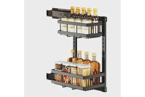 New Kitchen Under Cabinet Sliding Metal 2 Layer Spice Storage Organizer with Adjustable Pull-Down Basket