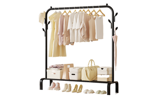 Double Metal Coat Rack Wooden Shelf Household Use Kitchen Storage Organizer Hangers Garments Convenient Clothes Drying Rack