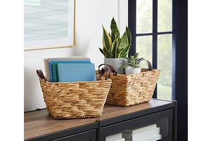 Set 2 Rectangle Woven Water Hyacinth Seagrass Storage Basket Leather Handles Eco-Friendly Folding Design Multifunction Organizer