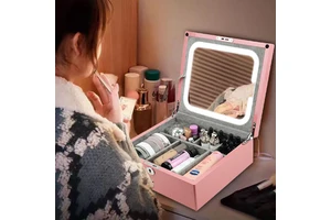 Multifunctional Professional Led Mirror Makeup Bag Travel Case With Lock Wooden Cosmetic Storage Bag & Case