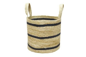 Braided European Style Jute Storage Basket Black Stripe Pattern Handwoven Collapsible Design Eco-Friendly Multi-functional Use