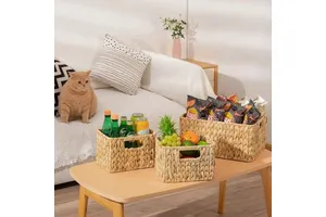 Rectangle Shape Handmade Natural Water Hyacinth Woven Eco Friendly Lightweight Customizable Kitchen Laundry Basket Modern