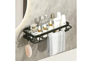 Punch Free Wall Mount Space Aluminum Bathroom Shelf With Towel Bar & Hooks Custom Shower Caddy Organizer Rack