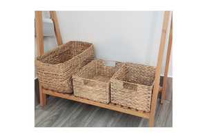 OEM Competitive Price Basket Wholesale Water Hyacinth Woven Grass Storage Laundry Basket with Portable Handles