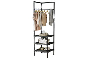 Multi-Function Metal Coat Rack with Double Tiers Bedroom Corner Hanging Clothes Hanger and Cabinet Storage Shelf for Wardrobe