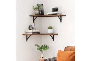 Furniture Corner Shelf Art Deco Wooden & Metal Set of 2 Floating Wall Storage Rack for Living Room & Bathroom Tools