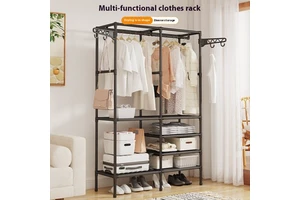 Hot-Selling Multi-Functional Metal Coat Rack Simple Double-Row Floor-Standing Clothes Storage Home Plastic Fabric Living Room