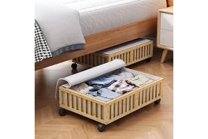 2-Pack Bamboo Bed Storage Containers Rolling Wheels WoodUnderbed Drawers For Bedroom Sheets Clothes Blanket Crib Toy Organizer