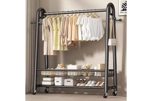 Modern Iron Heavy Duty Eco-Friendly Space Saving Coat Rack with 4 Hooks & 2 Shelves Freestanding for Living Room Hotel Home Use