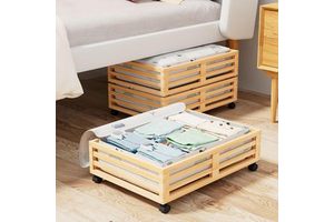 2 Packs Bamboo Large Capacity Under Bed Storage Containers Underbed Organizer With Wheels