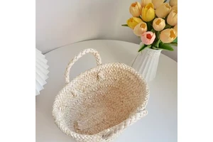 Handmade Straw Woven Round Storage Basket Bohemian Style Living Room Organizer Natural Color Handle Design