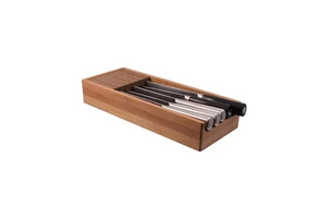 Bamboo In-Drawer Knife Organizer with Cork Slots, 15x6x2.5" Space-Saving Knife Block for Drawer or Countertop, Holds 5-10 Knives