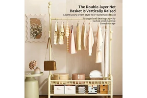 Modern Heavy Duty Space Saving Iron Coat Rack for Living Room Bedroom Storage with 5 Hooks and 2 Shelves