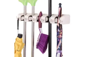 White 5 Positions Wall-mounted Mop Holder Hanger for Wall Storage