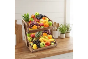 Large Capacity Acacia Food Storage Shelf Wooden Multi-layer Vegetable Rack Fruit Basket For Kitchen Counter