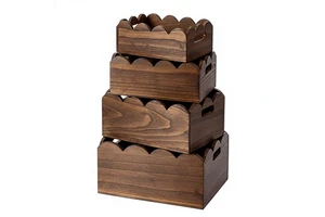4-Piece Scalloped Wooden Baskets Handles 4 Sizes Polished Rectangular Countertop Storage Boxes For Fruit/Veg