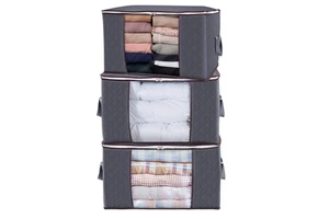 Large Capacity Gray Nonwoven Quilt Storage Bag with Clear Window Folding Design for Under Bed Clothes Blanket Bedding Organizer